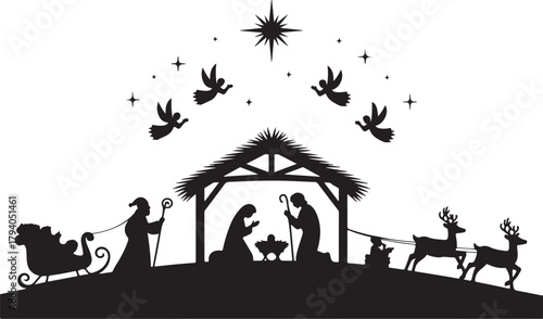 Nativity Scene Vector with Santa Claus, Commercial use, Digital Download, Christian Vector, Christmas Vector, Christmas Decoration, Clip