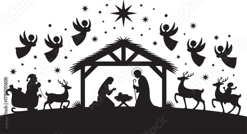Nativity Scene Vector with Santa Claus, Commercial use, Digital Download, Christian Vector, Christmas Vector, Christmas Decoration, Clip