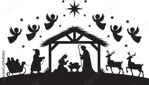 Nativity Scene Vector with Santa Claus, Commercial use, Digital Download, Christian Vector, Christmas Vector, Christmas Decoration, Clip