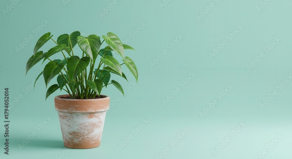 Fototapeta premium Healthy green foliage sprouts upward from a weathered terracotta container against a soft pastel background.