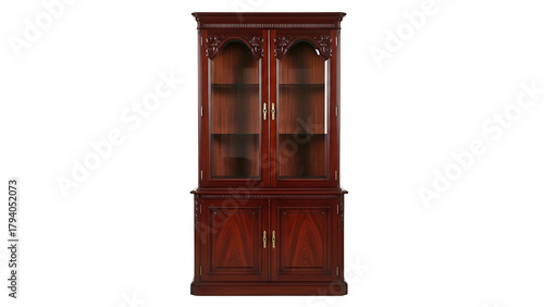 Tall, richly finished wooden display cabinet stands isolated against a dark background