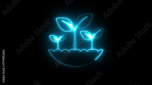Neon cyan color seedlings planted in a field on black background, glowing young plants growth concept, digital agriculture and sustainability symbol, eco farming sprout graphic, futuristic nature