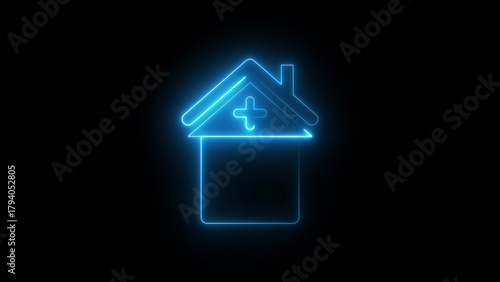 Neon hospital icon glowing healthcare building symbol, modern medical center graphic, bright emergency clinic sign for health service interface