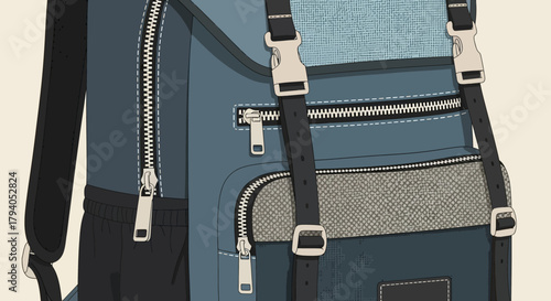 Detailed illustration of a blue and gray backpack with zippers and straps, showcasing its design and features.