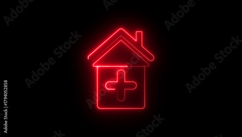Neon hospital icon glowing healthcare building symbol, modern medical center graphic, bright emergency clinic sign for health service interface