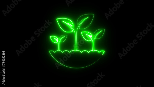Neon green seedlings planted in a field on black background, glowing young plants growth concept, digital agriculture and sustainability symbol, eco farming sprout graphic, futuristic nature