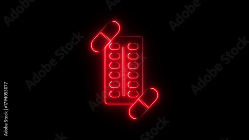 Neon capsule strip icon glowing medicine blister pack symbol, digital pharmaceutical drug graphic, bright healthcare medical pill packaging interface for pharmacy, treatment and health service