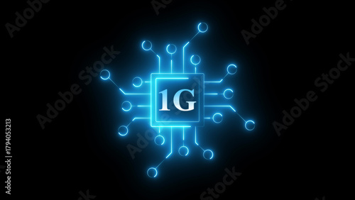Neon 1G chip circuit icon glowing mobile network symbol, digital communication technology chipset graphic, bright electronic board interface for wireless connectivity and telecom system