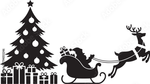 Santa Claus in sleigh with reindeer passing a Christmas tree silhouette. Festive holiday scene with Santa's ride gift boxes and a decorated fir tree. Winter vector illustration