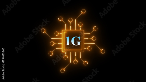 Neon 1G chip circuit icon glowing mobile network symbol, digital communication technology chipset graphic, bright electronic board interface for wireless connectivity and telecom system