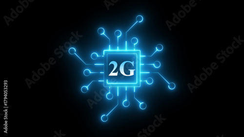 Neon 2G circuit icon glowing telecom network symbol, digital communication technology sign, bright electronic chipset interface graphic for mobile connectivity, wireless signal system