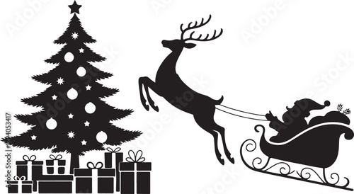 Santa Claus in sleigh with reindeer passing a Christmas tree silhouette. Festive holiday scene with Santa's ride gift boxes and a decorated fir tree. Winter vector illustration