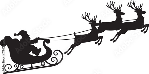 Santa Claus is flying in sleigh with Christmas reindeer. Silhouette of Santa Claus, sleigh with Christmas presents and reindeer