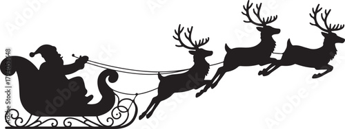 Santa Claus is flying in sleigh with Christmas reindeer. Silhouette of Santa Claus, sleigh with Christmas presents and reindeer
