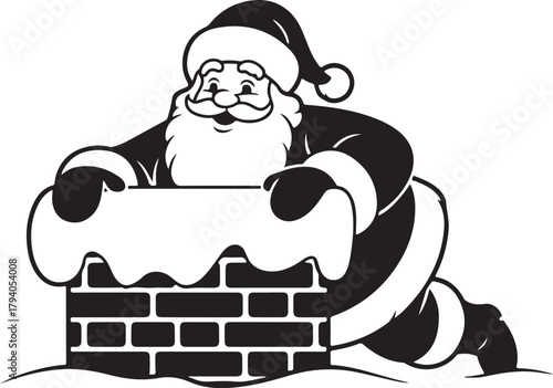 Santa Claus on the roof going down the chimney silhouette. Vector illustration of a traditional Christmas character delivering gifts. 