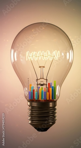 Illuminated glass globe contains multicolored vertical bars representing data analysis