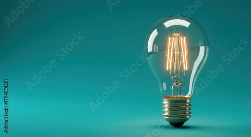 Illumination emanates from a clear glass filament lamp centered against a solid teal background