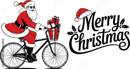 Santa Claus riding a bicycle and Merry Christmas typography vector silhouette set. Funny holiday character with gifts