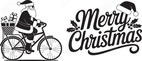 Santa Claus riding a bicycle and Merry Christmas typography vector silhouette set. Funny holiday character with gifts