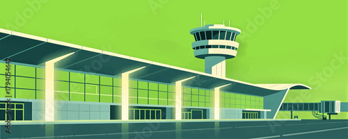 Airport terminal with modern control tower, minimalist design