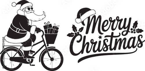 Santa Claus riding a bicycle and Merry Christmas typography vector silhouette set. Funny holiday character with gifts