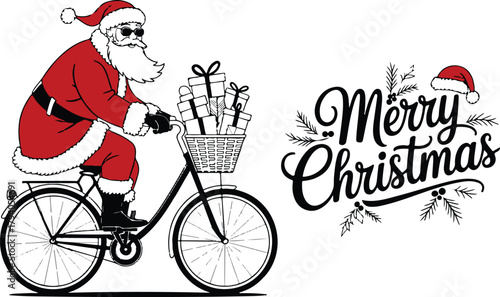Santa Claus riding a bicycle and Merry Christmas typography vector silhouette set. Funny holiday character with gifts