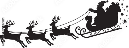 Santa Claus Silhouette in sleigh full of gifts with reindeers. Merry christmas and Happy new year decoration. Vector on transparent background