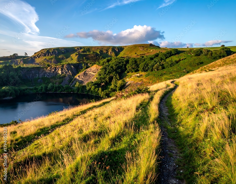 Naklejka premium A winding dirt path through golden grasses toward a green hillside