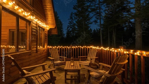 Wooden cabin exterior night scene illuminated with string lights