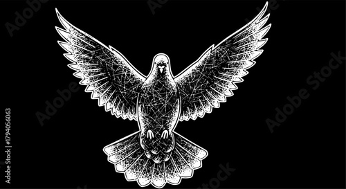 dove flying engraving black and white outline. Scratch board imitation.
