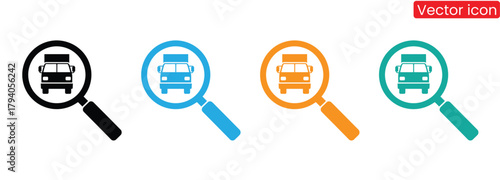 Find a shipping truck with a magnifying glass icon set,Delivery Search Multiple Style Icon Design Vector -Magnifying glass with truck, symbolizing shipment tracking,logistics search,or delivery check