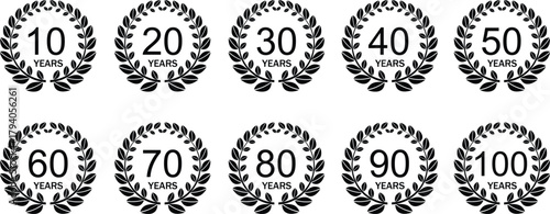 Anniversary laurel wreath icon set isolated on white background. 1, 3, 5, 10, 20, 30, 40, 50, 100 years. Template for award and congratulation design. Vector illustration.