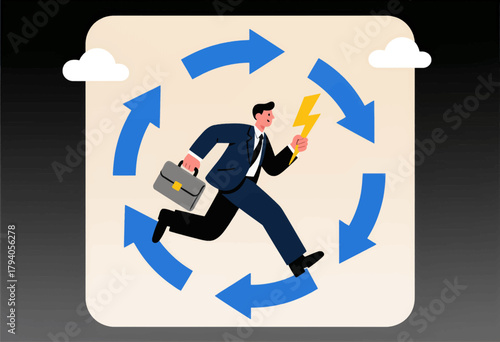 Busy businessman running in a hurry, flat design for speed and productivity concept