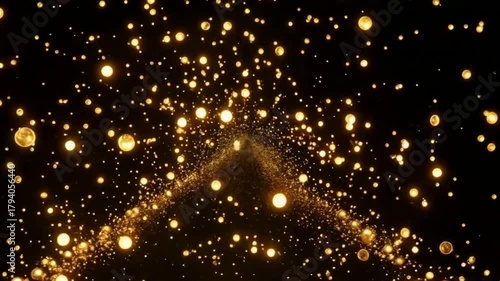 A mesmerizing video shows a vast array of golden particles and spheres floating and streaming towards a central vanishing point, creating an illusion of depth and a luminous tunnel against a completel