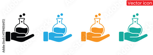 Hands holding lab beakers for scientific research work flow,Vector icon or logo related to chemistry lab flask, science experiments and research, education and medicine.
