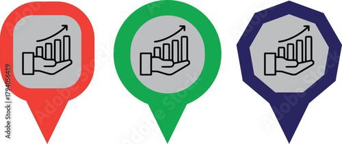 Fotografija Three distinct location markers in red, green, and blue, each containing an ico