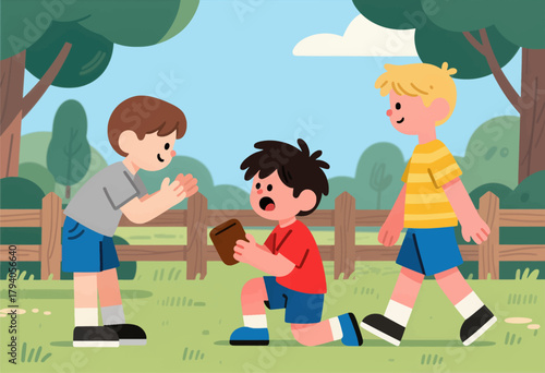 Children playing outdoors in park with phone, flat illustration