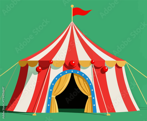 Circus tent illustration, colorful vector design on a green background