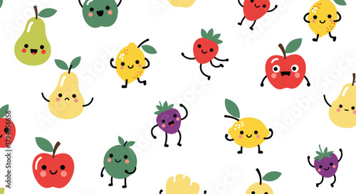 A cheerful seamless pattern featuring adorable cartoon fruits with expressive faces and dancing poses on a clean white background.