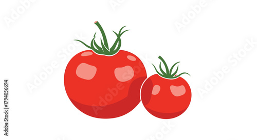 An illustration of two fresh red tomatoes of different sizes, complete with green stems, depicted on a clean white background, symbolizing healthy eating.