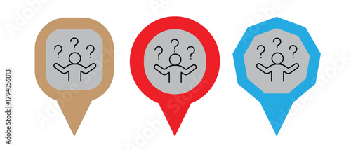 Three stylized location pins with ancient glyphs in vibrant colors