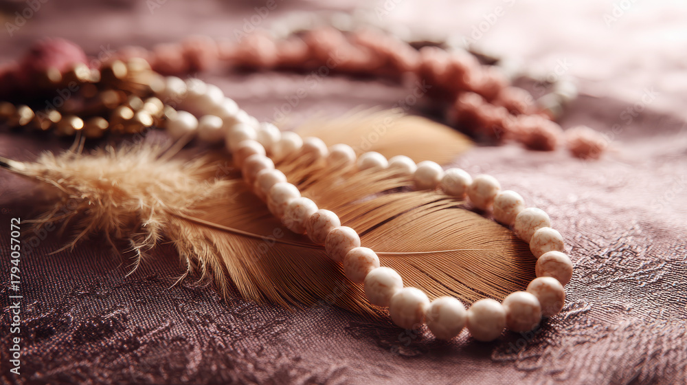 Fototapeta premium Elegant jewelry pieces flat lay on holiday theme background, showcasing delicate textures and soft hues that evoke sense of warmth and beauty