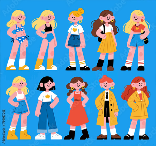 Colorful cartoon characters in trendy outfits, minimal vector design