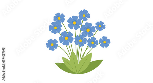 A charming illustration featuring a cluster of blue flowers with yellow centers and green leaves, set against a clean white background.