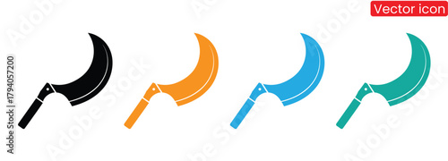 Vibrant collection of colorful sickle tool icons set design,Sickle, reaping hook icon. Sickle farm icon