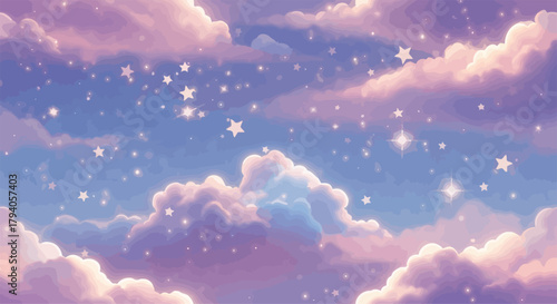 Fantasy clouds and stars pattern, dreamy sky, soft glowing light, seamless repeat background.eps
