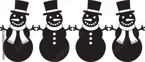 Seamless Christmas border with snowman silhouettes. Vector winter holiday background with a row of festive characters