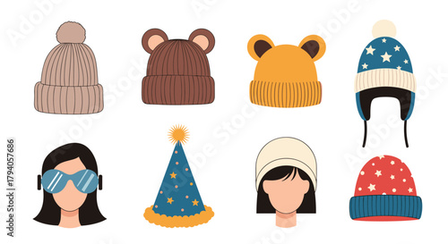 Diverse collection of winter hats, including knitted beanies, animal-eared designs, an ear-flap hat, a party hat, and stylized faces.
