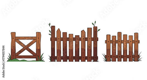 An illustrated collection of rustic wooden fences, featuring a gate, a broken picket fence, and a simple garden fence, all standing in green grass.