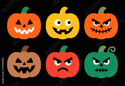 Colorful pumpkin faces vector set, Halloween theme, isolated